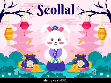 Happy Seollal Translation Koreanisches Neujahrsvektor-Illustration mit dem Jahr des Holzkaninchens und Goldmünzen für die Feier vom 29. Januar Stock Vektor