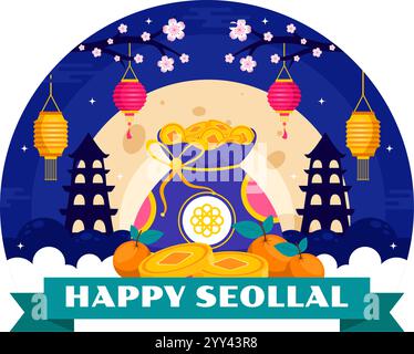 Happy Seollal Translation Koreanisches Neujahrsvektor-Illustration mit dem Jahr des Holzkaninchens und Goldmünzen für die Feier vom 29. Januar Stock Vektor