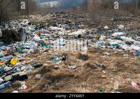 Eine natürliche Mülldeponie für Müll, gebrauchte Kunststoffflaschen, Beutel und andere Abfallarten. Stockfoto