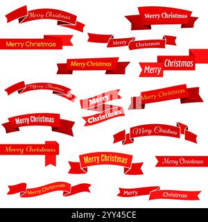 Set aus sechzehn roten Bändern und Bannern mit der Aufschrift „Frohe Weihnachten“. Großartiges Designelement isoliert auf weißem Hintergrund. Vektorabbildung. Stock Vektor