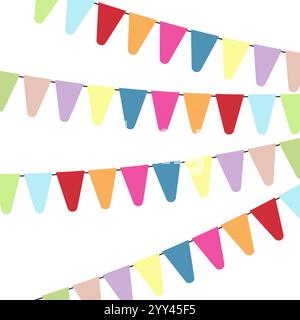 Farbenfrohe Fahnen und bunte Girlanden zur Dekoration. Dekoelemente mit verschiedenen Mustern. Vektorabbildung Stock Vektor