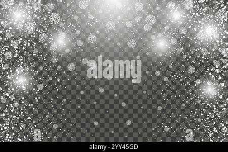 Schneefall und fallende Schneeflocken auf dunklem transparentem Hintergrund. Weiße Schneeflocken und Weihnachtsschnee. Vektorabbildung Stock Vektor