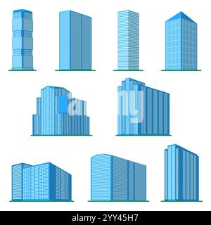 Neun moderne Hochhäuser auf weißem Hintergrund. Blick auf das Gebäude von unten. Abbildung des isometrischen Vektors. Stock Vektor