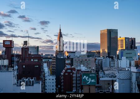 Blick auf die Hochhäuser in Tokio, Japan während des farbenfrohen Sonnenaufgangs am Morgen Stockfoto