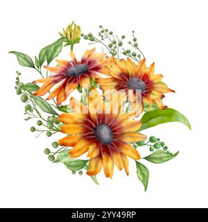 Gelbe Blüten mit anmutigen Blättern und dunkler Mitte in einem Blumenstrauß. Digitale Illustration mit Aquarell. Süße Sonnenblumen und Rudbeckia mit grünen Blättern und Stockfoto
