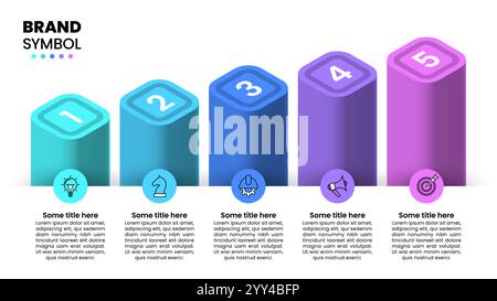 Infografik-Vorlage mit Symbolen und 5 Optionen oder Schritten. Wachsende Säulen. Kann für Workflow-Layout, Banner, Diagramm und Webdesign verwendet werden. Vektorillustrat Stock Vektor