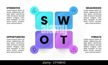 Infografik-Vorlage mit Symbolen und 4 Optionen oder Schritten. SWOT-Analyse. Kann für Workflow-Layout, Diagramm, Banner und Webdesign verwendet werden. Vektorillustratio Stock Vektor