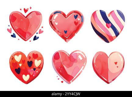 Aquarellvektor Herzen Set. Niedliche Handpinsel gezeichnete Kritzelherzformen mit künstlerischen Aquarellflecken. Valentinskarte in Aquarell Stock Vektor