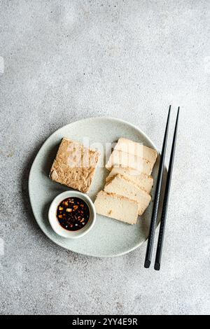 Blick von oben auf Tofu Soja Käse Scheiben BBQ gekocht und serviert mit Reis und scharfer Pfeffersauce, begleitet von Essstäbchen auf einer Keramikplatte über einer Textur Stockfoto