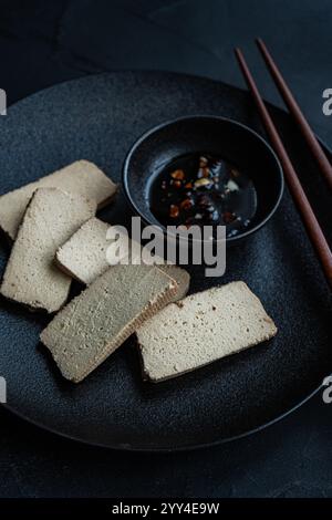 Von oben gekochte Tofu-Soja-Käsescheiben, serviert auf einem dunklen Teller mit Reis und einer scharfen Pfeffersauce in einer schwarzen Schüssel, begleitet von Essstäbchen. Stockfoto