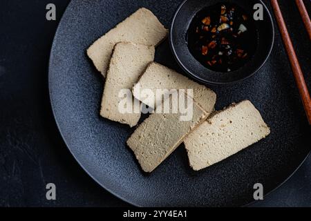 Blick von oben auf herzhafte Tofu-Sojasässcheiben, die auf einem dunklen Teller angeordnet sind, begleitet von scharfer Pfeffersauce in einer kleinen Schüssel und einer Reisseite, serviert mit Stockfoto