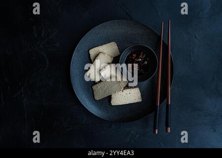 Blick von oben auf vom Grill gekochte Tofu-Soja-Käsescheiben, serviert auf einer dunklen Keramikplatte mit Reis und scharfer Pfeffersauce, begleitet von hölzernen Essstäbchen auf einem t Stockfoto