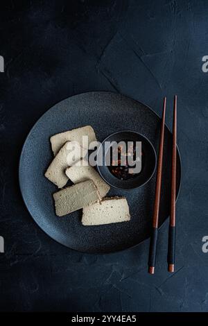 Blick von oben auf BBQ-Tofu-Scheiben auf einem dunklen Teller mit scharfer Pfeffersoße und Essstäbchen, serviert auf einer strukturierten schwarzen Oberfläche. Ideal für eine gesunde vegane Mahlzeit Stockfoto