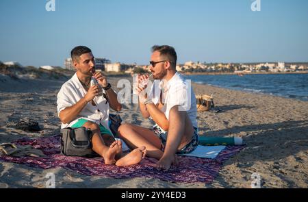 Ein junges schwules Paar genießt einen sonnigen Tag am Strand, sitzt auf einer Decke und genießt Drinks. Die Szene fängt einen Moment der Entspannung und Verbindung ein Stockfoto