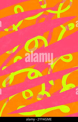 Dieser abstrakte Hintergrund zeigt dynamische orangefarbene Pinselstriche über einer leuchtend rosa Leinwand Stockfoto