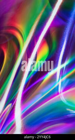 Ein lebendiges 3D-Rendering mit dynamischen Refraktionen des Neonlichts, das einen abstrakten und farbenfrohen Hintergrund mit einer fließenden und modernen Atmosphäre schafft. Stockfoto