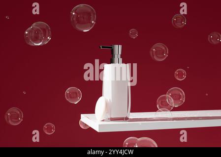 Ein stilvoller Flüssigseifenspender und ein Seifenriegel auf einem schwimmenden Regal mit glänzenden Blasen auf tiefrotem Hintergrund schaffen das schlanke Layout ein modernes, elegantes Design Stockfoto