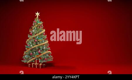 Roter Weihnachtshintergrund mit Ornamenten und Geschenken für Bannerdesign 3D-Rendering-Illustration. Stockfoto