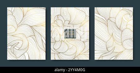 Vektorsatz von floralen Art Deco Hintergründen, Blattblumenmuster, goldene Linie Pflanzen Texturen, Poster, japanische elegante Karten. Stock Vektor