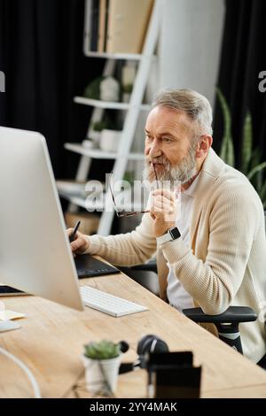 Reifer Mann konzentriert sich auf seine Arbeit an einem modernen Schreibtisch, während er seine Brille nachdenklich hält. Stockfoto