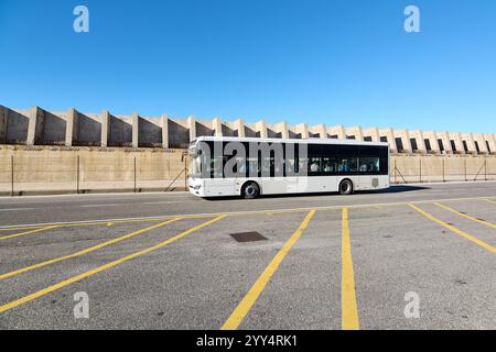 Civitavecchia, Italien - 19. Dezember 2024: Ein Stadtbus fährt eine leere Straße entlang und hebt den effizienten öffentlichen Nahverkehr und die städtische Infrastruktur hervor Stockfoto