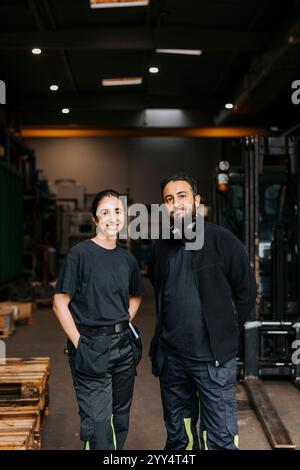 Porträt multirassischer männlicher und weiblicher Lagerarbeiter, die in der Fabrik stehen Stockfoto