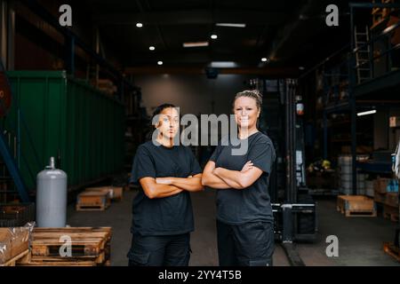 Porträt selbstbewusster Arbeiterinnen, die mit überkreuzten Armen im Lager stehen Stockfoto