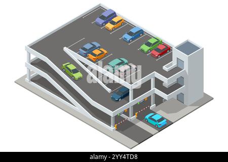 Isometrische Parkgarage mit mehreren Ebenen, gefüllt mit verschiedenen farbigen Autos. Das detaillierte Gebäude verfügt über Rampen, Parkplätze und umliegende Grünflächen Stock Vektor