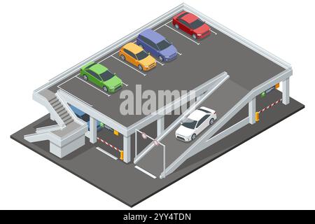 Isometrische Parkgarage mit mehreren Ebenen, gefüllt mit verschiedenen farbigen Autos. Das detaillierte Gebäude verfügt über Rampen, Parkplätze und umliegende Grünflächen Stock Vektor