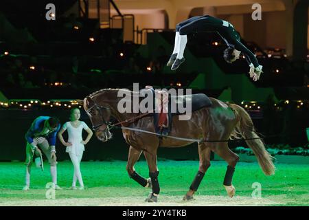 Galashow des Internationalen Festhallen Reitturniers die Brüsewitz-Brüder präsentieren mit Showtalent und Voltigierkunst das Musical öThe Greatest Showman auf spektakuläre Weise athletisch und gefühlvoll. Große Galashow des INTERNATIONALEN FESTHALLEN REITTURNIERS FRANKFURT 2024 in Frankfurt am Main am 18. Dezember 2024., Frankfurt am Main Hessen Deutschland Festhalle *** Gala-Show des Internationalen Festhalle Reitturniers die Brüsewitz Brüder präsentieren das Musical öThe Greatest Showman auf spektakulär athletische und emotionale Art und Weise mit Showtalent und Vaulting Skills Grand Gala Show of Stockfoto