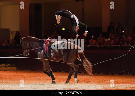 Galashow des Internationalen Festhallen Reitturniers die Brüsewitz-Brüder präsentieren mit Showtalent und Voltigierkunst das Musical öThe Greatest Showman auf spektakuläre Weise athletisch und gefühlvoll. Große Galashow des INTERNATIONALEN FESTHALLEN REITTURNIERS FRANKFURT 2024 in Frankfurt am Main am 18. Dezember 2024., Frankfurt am Main Hessen Deutschland Festhalle *** Gala-Show des Internationalen Festhalle Reitturniers die Brüsewitz Brüder präsentieren das Musical öThe Greatest Showman auf spektakulär athletische und emotionale Art und Weise mit Showtalent und Vaulting Skills Grand Gala Show of Stockfoto