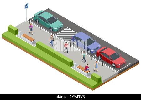 Isometrische Darstellung eines Parkplatzes mit Autos, eines Behindertenparkplatzes und eines Fußgängerweges. Bänke und grüne Hecken bieten Sitzplätze und Stock Vektor