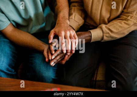 Hochwinkelansicht eines männlichen Betreuers, der den Seniorenmann emotional unterstützt Stockfoto