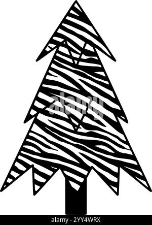 Ein schwarzer Silhouettenbaum mit einem skurrilen Wirbel-Design, perfekt für elegante Weihnachtsdekorationen im Vektorformat. Zebramuster Stock Vektor
