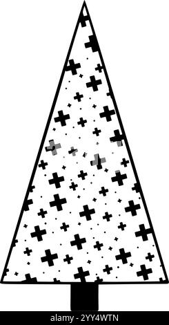Ein schwarzer Silhouettenbaum mit einem skurrilen Wirbel-Design, perfekt für elegante Weihnachtsdekorationen im Vektorformat. Kreuzdruck Stock Vektor