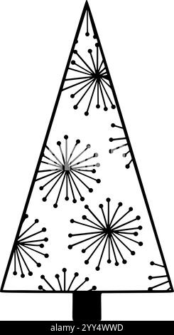 Ein schwarzer Silhouettenbaum mit einem skurrilen Wirbel-Design, perfekt für elegante Weihnachtsdekorationen im Vektorformat. Schneeflockenmuster Stock Vektor