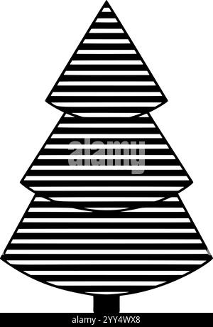 Ein schwarzer Silhouettenbaum mit einem skurrilen Wirbel-Design, perfekt für elegante Weihnachtsdekorationen im Vektorformat. Streifenmuster Stock Vektor