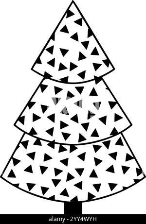 Ein schwarzer Silhouettenbaum mit einem skurrilen Wirbel-Design, perfekt für elegante Weihnachtsdekorationen im Vektorformat. Dreiecksmuster Stock Vektor
