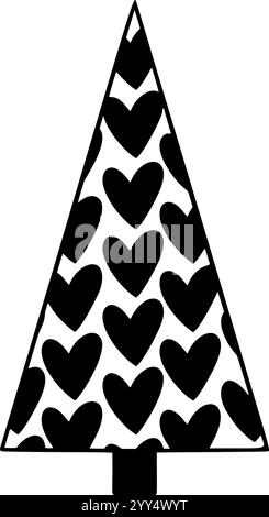 Ein schwarzer Silhouettenbaum mit einem skurrilen Wirbel-Design, perfekt für elegante Weihnachtsdekorationen im Vektorformat. Herzmuster Stock Vektor
