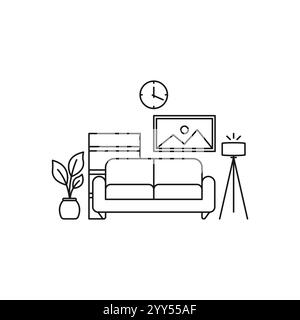 Wohnung Innenraum Pixel perfekte lineare Symbol. Wohnzimmermöbel. Gemütliches Zuhause. Couch, Sofa. Schlanke, anpassbare Illustration. Kontursymbol. Vect Stock Vektor