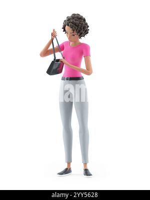 3D schöne Frau auf der Suche nach etwas in ihrer Handtasche, Illustration isoliert auf weißem Hintergrund Stockfoto