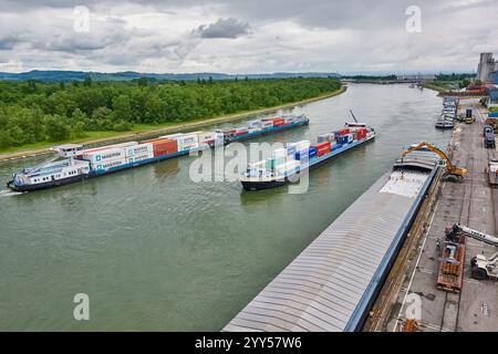 Containerschiffe im Hafen von Mulhouse Ottmarsheim am Canal Grande des Elsass, parallel zum Rhein. Containerschiff im industriellen Flusshafen c Stockfoto