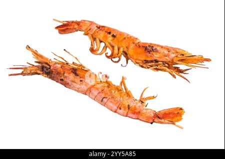 Spieße mit gegrillten roten argentinischen Garnelen Langostino Austral isoliert auf weißem Hintergrund. Draufsicht. Stockfoto