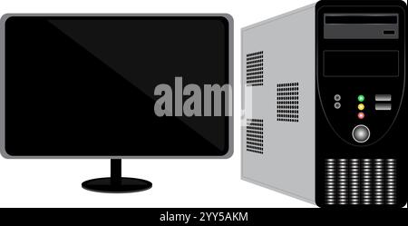CPU- und LED-Monitor mit schwarzer und silberner Farbe auf weißem Hintergrund Stock Vektor