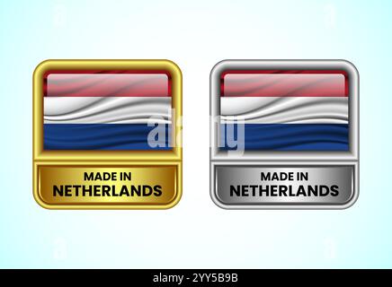 Made in Netherlands Label Icon in Gold und Silber. Flaggensymbolgruppe für Unternehmen Stock Vektor