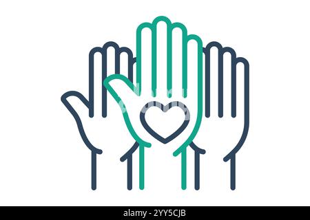 Symbol "Freiwillige". Liniensymbolstil. Hand mit Herz. Symbol für wohltätige Zwecke. Vektorillustration für Spendenelemente Stock Vektor
