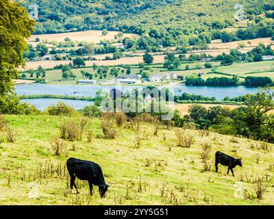 Der Blick auf Great Witcombe und Witcombe Water in der Nähe von Birdlip, Gloucestershire. Stockfoto