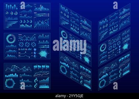 Isometrische futuristische digitale Dashboards mit mehreren Datenvisualisierungen, einschließlich Balkendiagrammen, Tortendiagrammen und Liniendiagrammen. Die Panels sind Stock Vektor