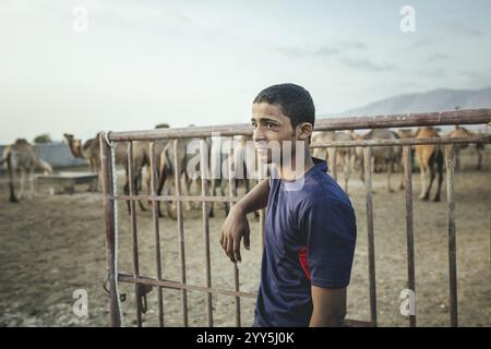 Thamer, Sohn des Kamelzüchters Said Shafari, Salalah Kamelfarm, Dhofar, Oman, Asien Stockfoto