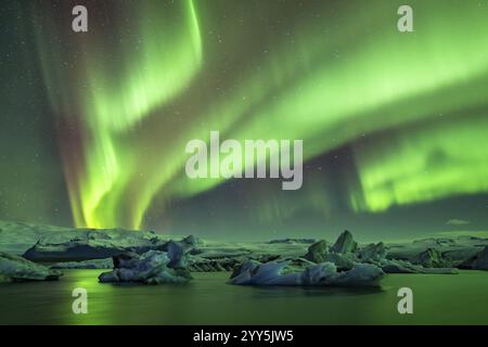 Nordlichter über Eisbergen in der Gletscherlagune, Joekulsarlon, Eisberge mit Gletscher, Vatnajoekull Nationalpark, HornafjoerÃ°ur, Südisland, I Stockfoto